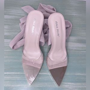 Public Desire Clear Nude Lace Up Pointed Gold Toe Stiletto Size 7